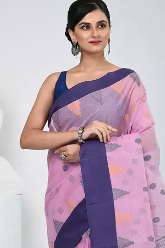 Graceful pink & purple handwoven tant cotton saree with traditional motifs