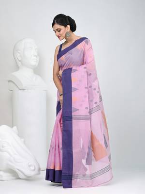 Graceful pink & purple handwoven tant cotton saree with traditional motifs 3