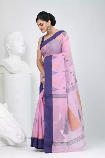 Graceful pink & purple handwoven tant cotton saree with traditional motifs