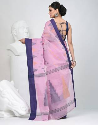 Graceful pink & purple handwoven tant cotton saree with traditional motifs 4