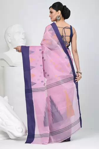 Graceful pink & purple handwoven tant cotton saree with traditional motifs