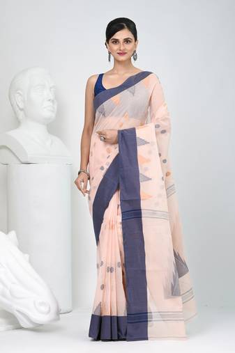 Elegant peach & grey handwoven tant cotton saree with traditional motifs