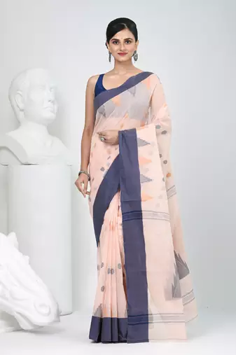 Elegant peach & grey handwoven tant cotton saree with traditional motifs