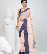 Elegant peach & grey handwoven tant cotton saree with traditional motifs