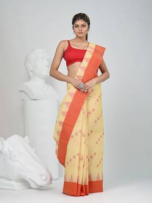 Elegant beige & red handwoven tant cotton saree with traditional motifs 1