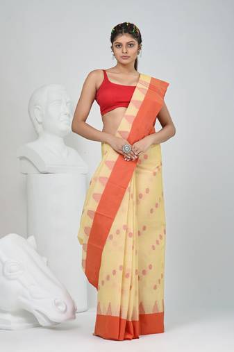 Elegant beige & red handwoven tant cotton saree with traditional motifs
