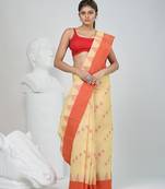 Elegant beige & red handwoven tant cotton saree with traditional motifs