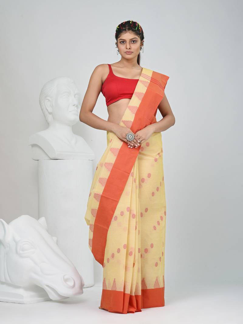 Elegant beige & red handwoven tant cotton saree with traditional motifs
