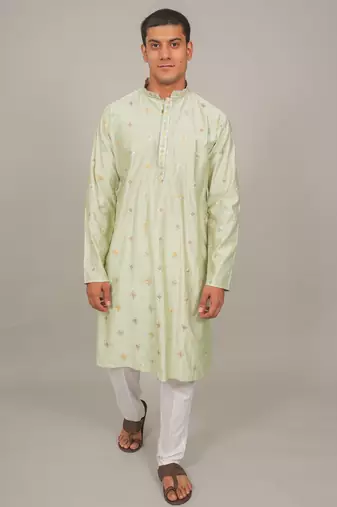 Handcrafted cotton kurta pajama set for men     pista green