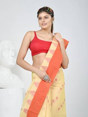 Elegant beige & red handwoven tant cotton saree with traditional motifs 2