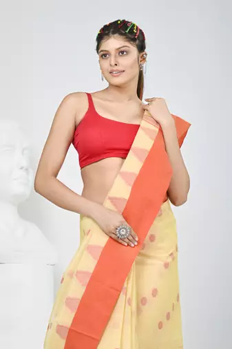 Elegant beige & red handwoven tant cotton saree with traditional motifs