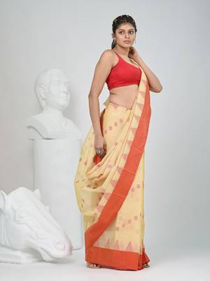 Elegant beige & red handwoven tant cotton saree with traditional motifs 3