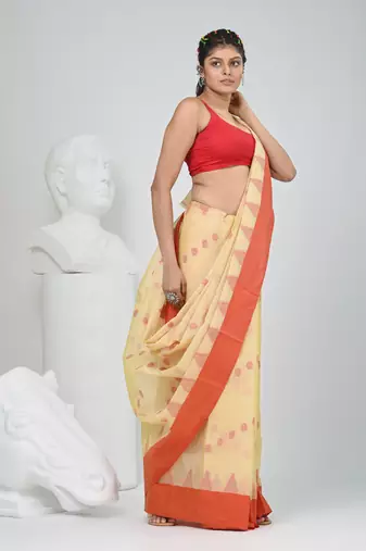 Elegant beige & red handwoven tant cotton saree with traditional motifs