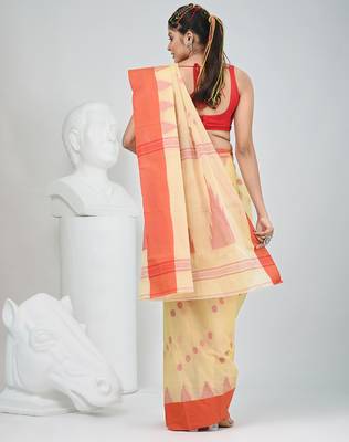 Elegant beige & red handwoven tant cotton saree with traditional motifs 4