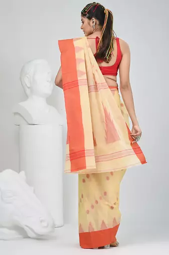 Elegant beige & red handwoven tant cotton saree with traditional motifs