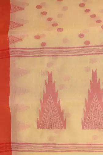 Elegant beige & red handwoven tant cotton saree with traditional motifs