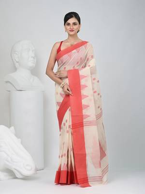 Elegant off white & red handwoven tant cotton saree with traditional motifs 1