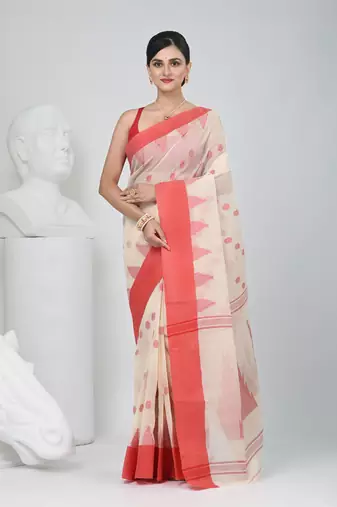 Elegant off white & red handwoven tant cotton saree with traditional motifs