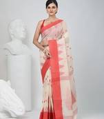 Elegant off white & red handwoven tant cotton saree with traditional motifs