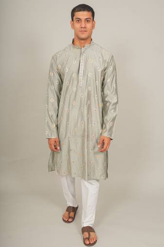 Handcrafted cotton kurta pajama set for men     grey