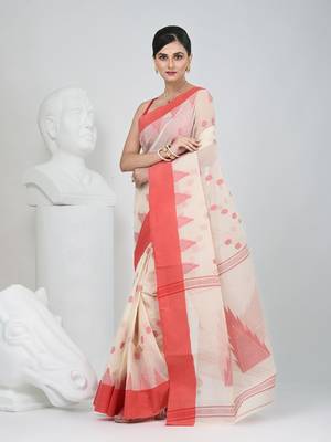 Elegant off white & red handwoven tant cotton saree with traditional motifs 3