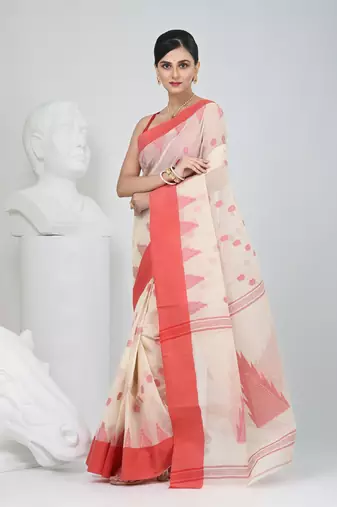 Elegant off white & red handwoven tant cotton saree with traditional motifs