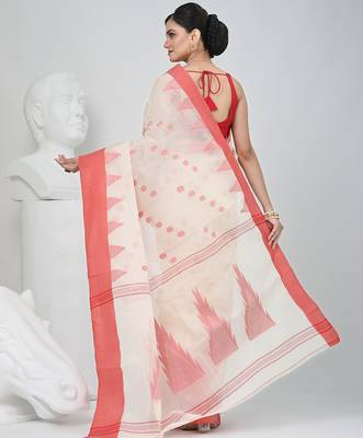 Elegant off white & red handwoven tant cotton saree with traditional motifs 4