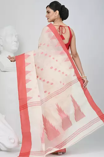 Elegant off white & red handwoven tant cotton saree with traditional motifs