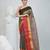 Elegant charcoal grey tant saree with red and black gold border