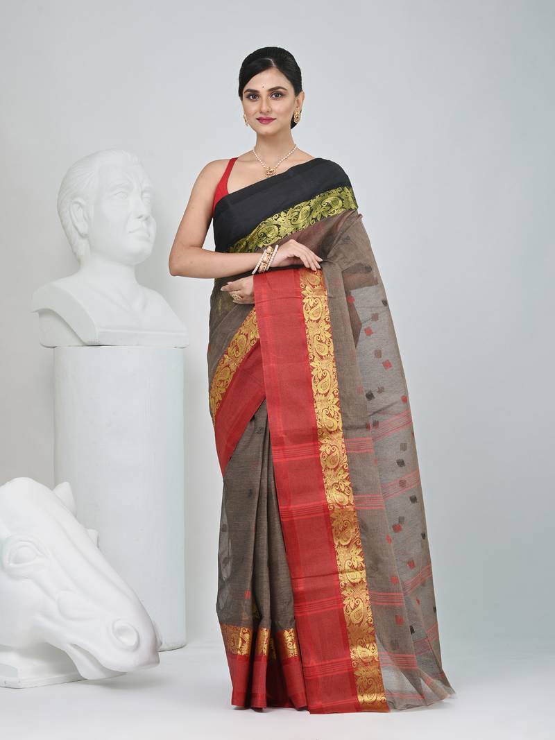 Elegant charcoal grey tant saree with red and black gold border