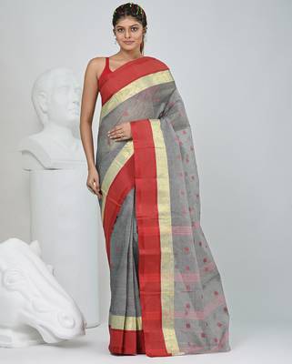 Stylish grey tant saree with red and gold border 1