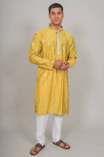 Handcrafted cotton kurta pajama set for men     yellow
