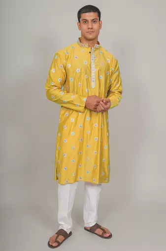 Handcrafted cotton kurta pajama set for men     yellow