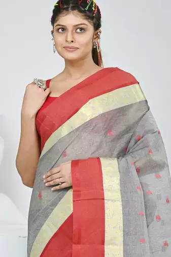 Stylish grey tant saree with red and gold border