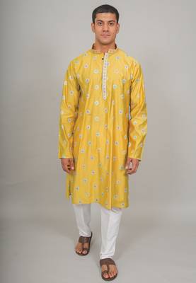 Handcrafted cotton kurta pajama set for men     yellow 2