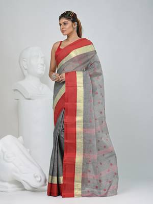 Stylish grey tant saree with red and gold border 3