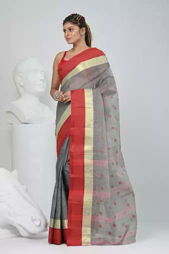Stylish grey tant saree with red and gold border