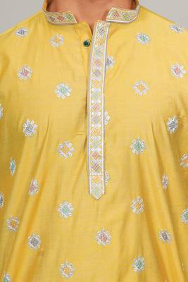 Handcrafted cotton kurta pajama set for men     yellow 3