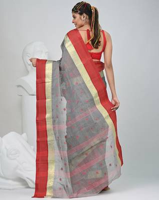 Stylish grey tant saree with red and gold border 4