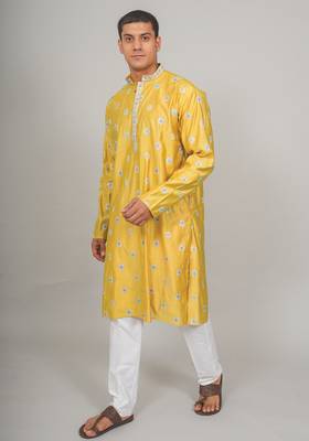 Handcrafted cotton kurta pajama set for men     yellow 4