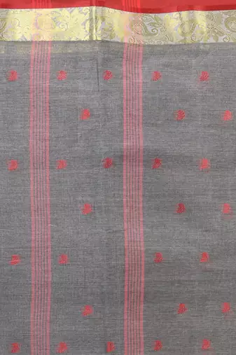 Stylish grey tant saree with red and gold border