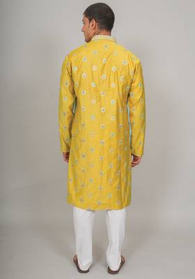 Handcrafted cotton kurta pajama set for men     yellow 5