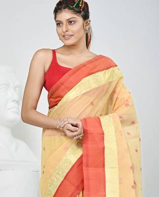 Stylish beige tant saree with red and gold border 2