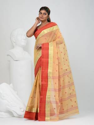 Stylish beige tant saree with red and gold border 3