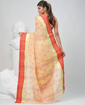 Stylish beige tant saree with red and gold border 4