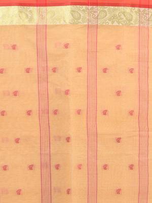Stylish beige tant saree with red and gold border 5