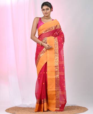 Stylish pink tant saree with yellow and gold border 1