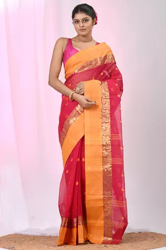 Stylish pink tant saree with yellow and gold border