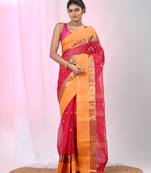 Stylish pink tant saree with yellow and gold border