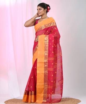Stylish pink tant saree with yellow and gold border 3